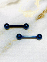 Pair of 14G Internally Threaded Implant Grade Titanium Plain Blue 12mm & 16mm Nipple Barbells. Nipple Rings. Nipple Jewelry. Nipple Piercing